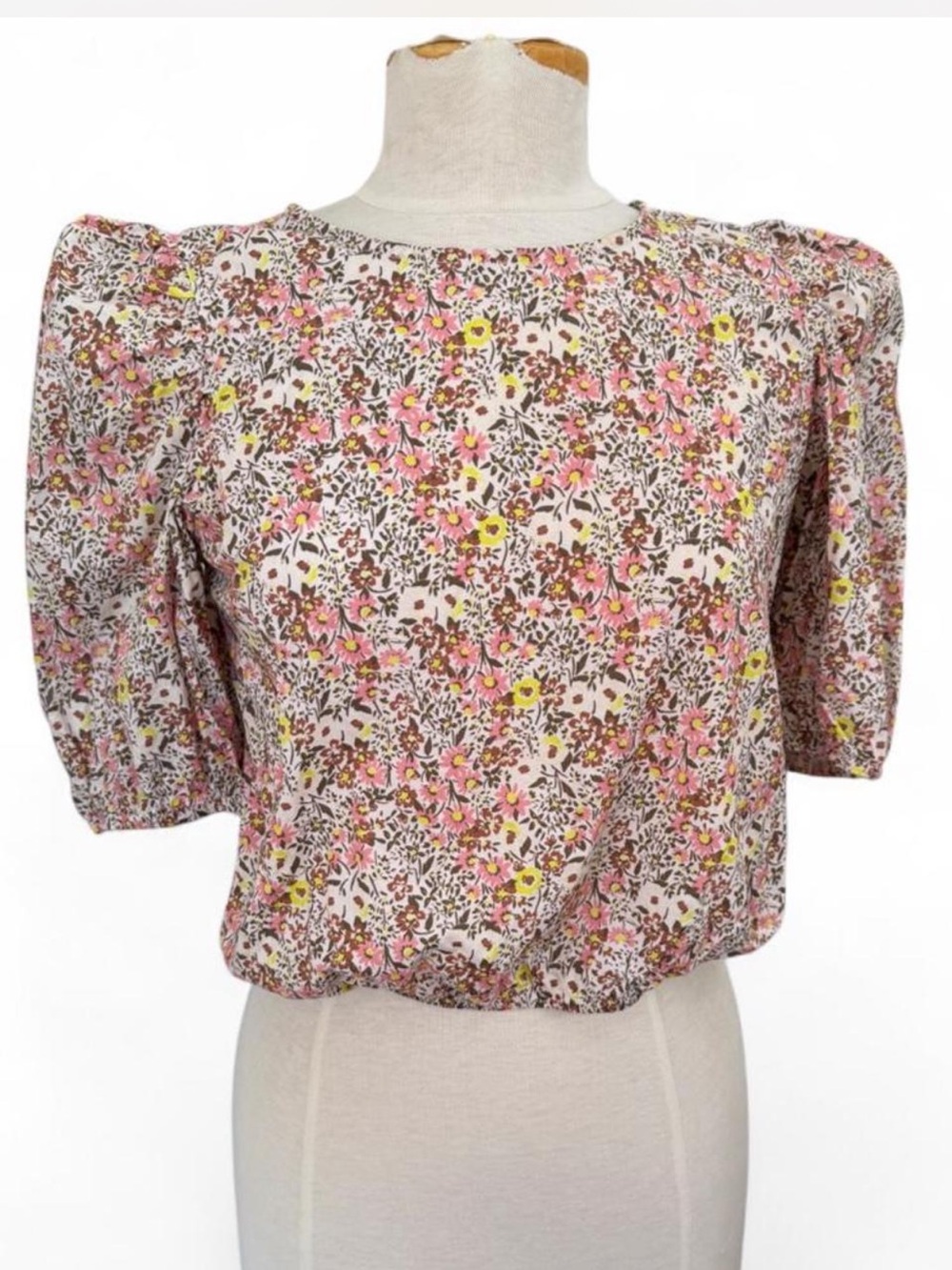 NATION LTD Praire Floral Puff Sleeve Elastic Waist Top S 100% Pima Cotton